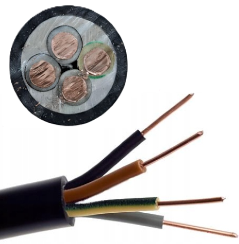 Kabel energetyczny ziemny YKY 4x1 mm² 0,6/1kV z widocznym przekrojem czterech miedzianych żył oraz czarną powłoką PVC przeznaczony do instalacji elektrycznych układanych bezpośrednio w ziemi.
