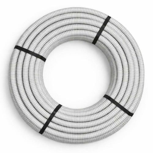 Detal szarej rury karbowanej RKLS 20/16 mm Elmark pokazujący giętką konstrukcję peszla do prowadzenia przewodów w instalacjach wewnętrznych.