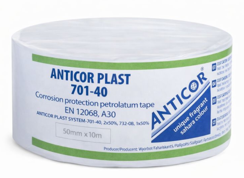 Taśma antykorozyjna DENSO Anticor Plast 701 50 mm 10 m do zabezpieczania rur stalowych i instalacji technicznych przed korozją.