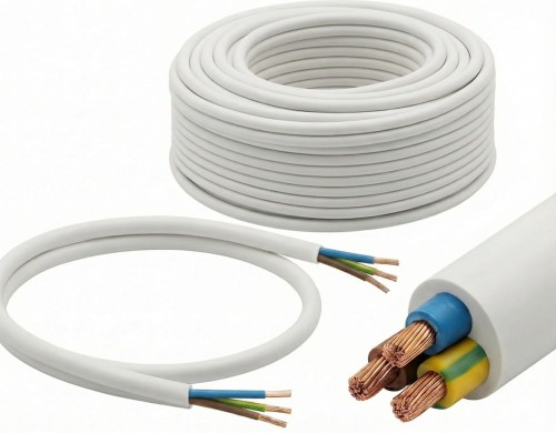 Przewód mieszkaniowy OMY 3×1,5 mm² biały H03VV-F 300/300 V – elastyczny przewód linkowy z żyłą ochronną do połączeń ruchomych i instalacji wewnętrznych.