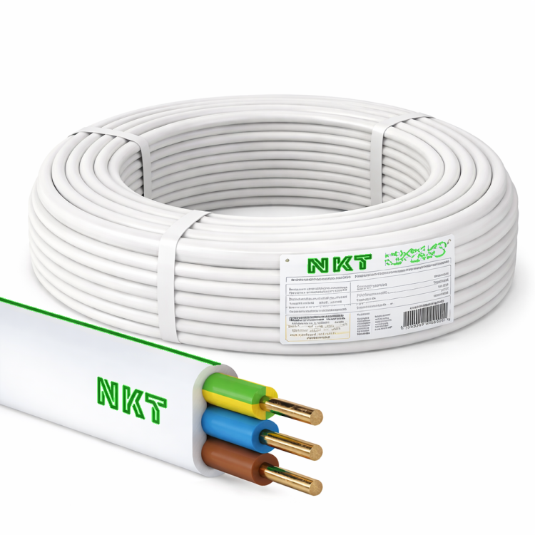 Płaski przewód instalacyjny YDYp NKT 3x2,5 mm² 450/750 V INSTAL PLUS w wersji bębnowej, przeznaczony do stałych instalacji elektrycznych wewnątrz budynków.