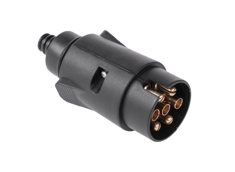 Czarna plastikowa wtyczka przyczepowa 7 PIN 12/24V zgodna z ISO 1724 do instalacji przyczep samochodowych