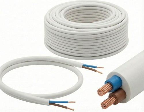 Biały przewód mieszkaniowy OMY 2x0,75 mm2 H03VV-F 300/300V elastyczny kabel instalacyjny do oświetlenia, przedłużaczy i urządzeń domowych do zastosowań wewnętrznych.