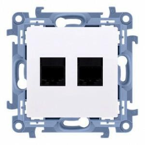 Podwójne gniazdo komputerowe RJ45 kat.6 Simon 10 białe do instalacji sieci LAN i internetu światłowodowego, stosowane w domowych oraz biurowych systemach teletechnicznych.