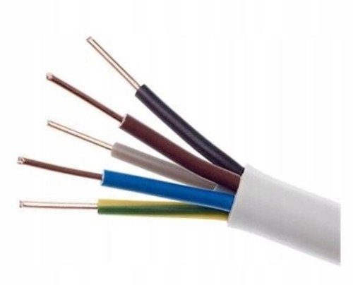 Okrągły przewód instalacyjny YDY Elektrokabel 5x6 mm² żo 450/750 V z żyłami miedzianymi, przeznaczony do stałych instalacji elektrycznych i obwodów trójfazowych.