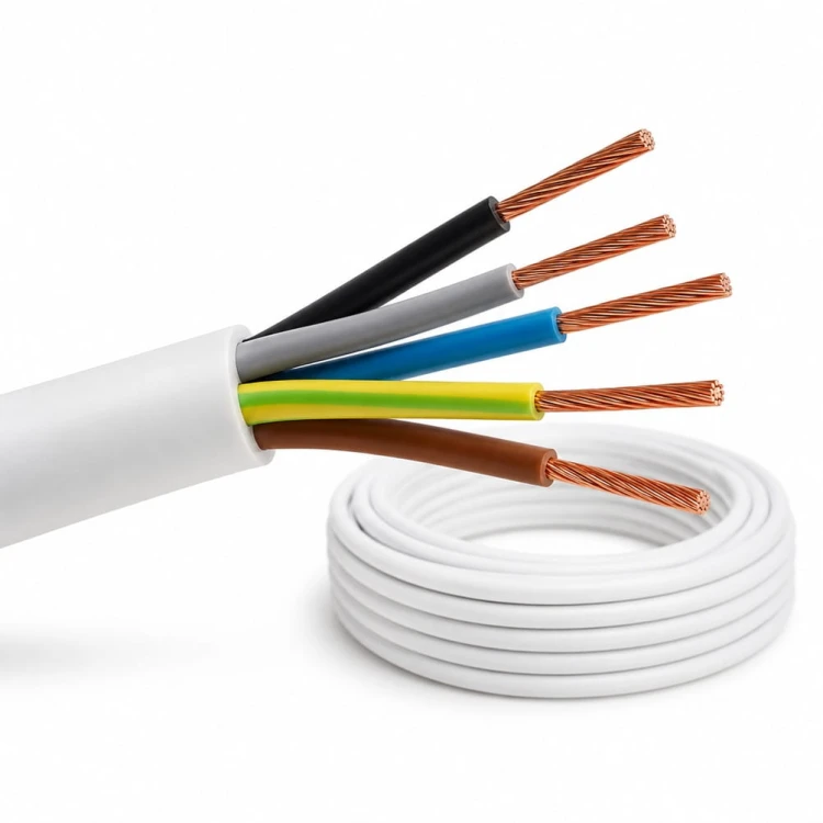 Biały przewód OWY 5x1,5 H05VV-F 300/500V z elastycznymi żyłami miedzianymi, przeznaczony do zasilania urządzeń elektrycznych i połączeń wewnętrznych.
