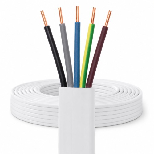 Płaski przewód instalacyjny YDYp 5x2,5 mm² żo 450/750 V z żyłami miedzianymi, przeznaczony do stałych instalacji elektrycznych i wybranych obwodów trójfazowych.