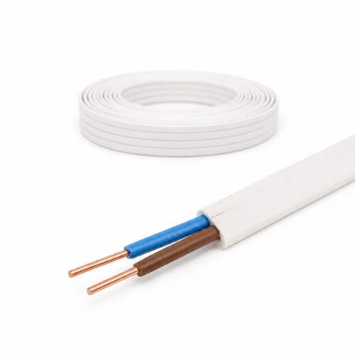 Płaski biały przewód instalacyjny YDYp 2x2,5 mm² 450/750 V z żyłami miedzianymi, przeznaczony do stałych instalacji elektrycznych wewnątrz budynków.
