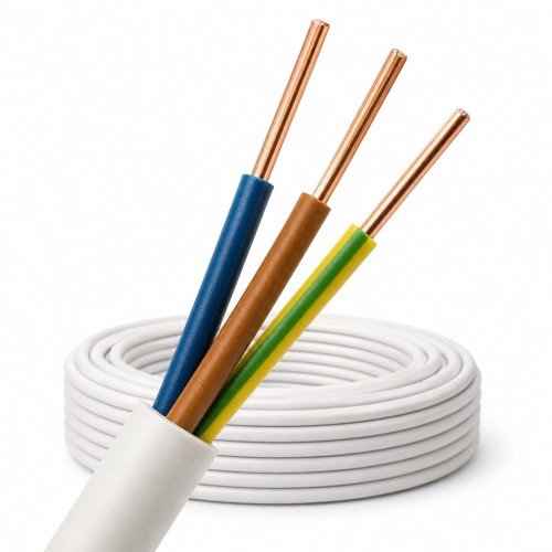 Okrągły biały przewód instalacyjny YDY 3x1,5 mm² żo 450/750 V z żyłami miedzianymi, przeznaczony do stałych instalacji elektrycznych i obwodów oświetleniowych.