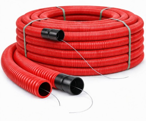 Rura DCR 50/40 mm 50 m czerwona DVR RDV-F 450N z pilotem, dwuwarstwowa rura osłonowa HDPE do ochrony kabli energetycznych, instalacyjnych i teletechnicznych układanych w ziemi.