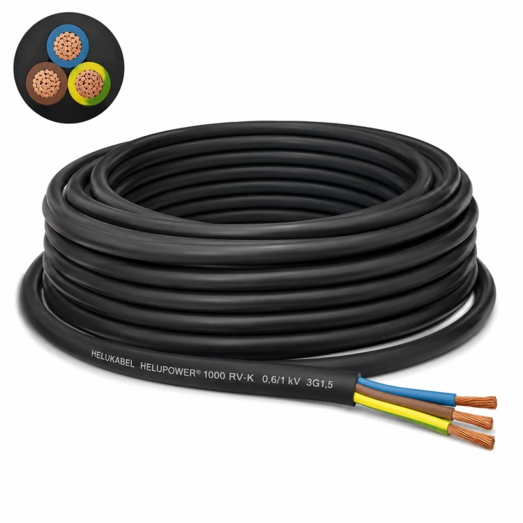 Kabel ziemny linka HELUPOWER 1000 RV-K 3G1,5 mm² 0,6/1 kV HELUKABEL, elastyczny kabel zasilający z żyłami miedzianymi klasy 5, izolacją XLPE i czarną powłoką PVC do ziemi.