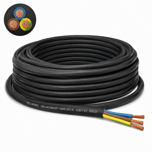 Kabel ziemny linka HELUPOWER 1000 RV-K 3G2,5 mm² 0,6/1 kV HELUKABEL, elastyczny kabel zasilający z żyłami miedzianymi klasy 5, izolacją XLPE i czarną powłoką PVC do ziemi.