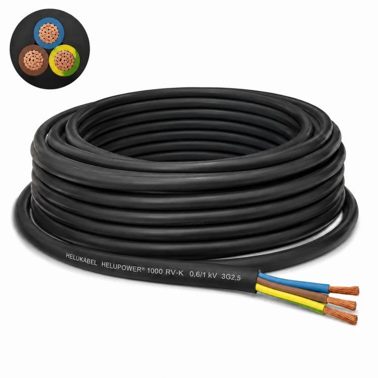 Kabel ziemny linka HELUPOWER 1000 RV-K 3G2,5 mm² 0,6/1 kV HELUKABEL, elastyczny kabel zasilający z żyłami miedzianymi klasy 5, izolacją XLPE i czarną powłoką PVC do ziemi.