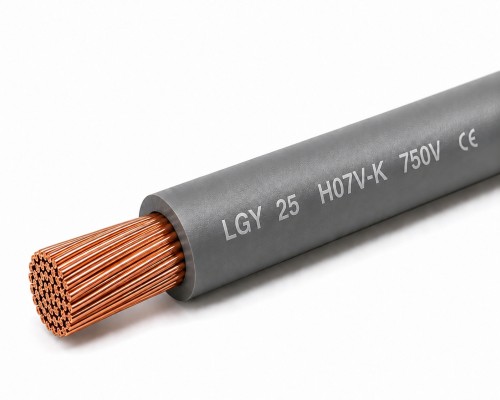 Szary przewód jednożyłowy LgY 1x25 mm² z giętką żyłą miedzianą.