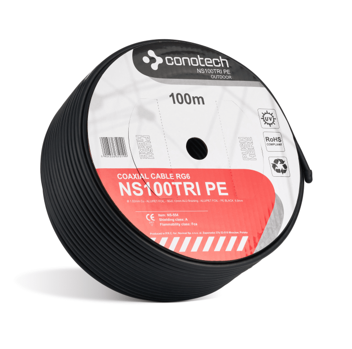 Kabel koncentryczny RG6 CONOTECH NS100TRI PE NS-554 100 m do instalacji RTV i SAT, zewnętrzny i ziemny