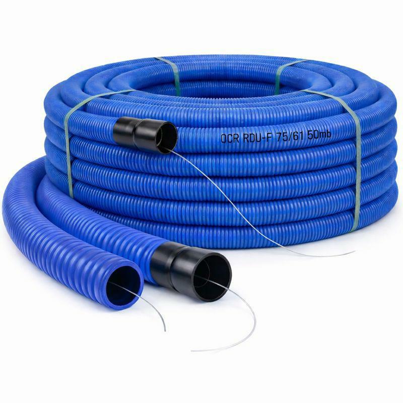 Rura karbowana peszel DVR AROT 75 mm w zwoju 50 m, kolor niebieski, dwuwarstwowa, odporność na ściskanie 450 N, z pilotem