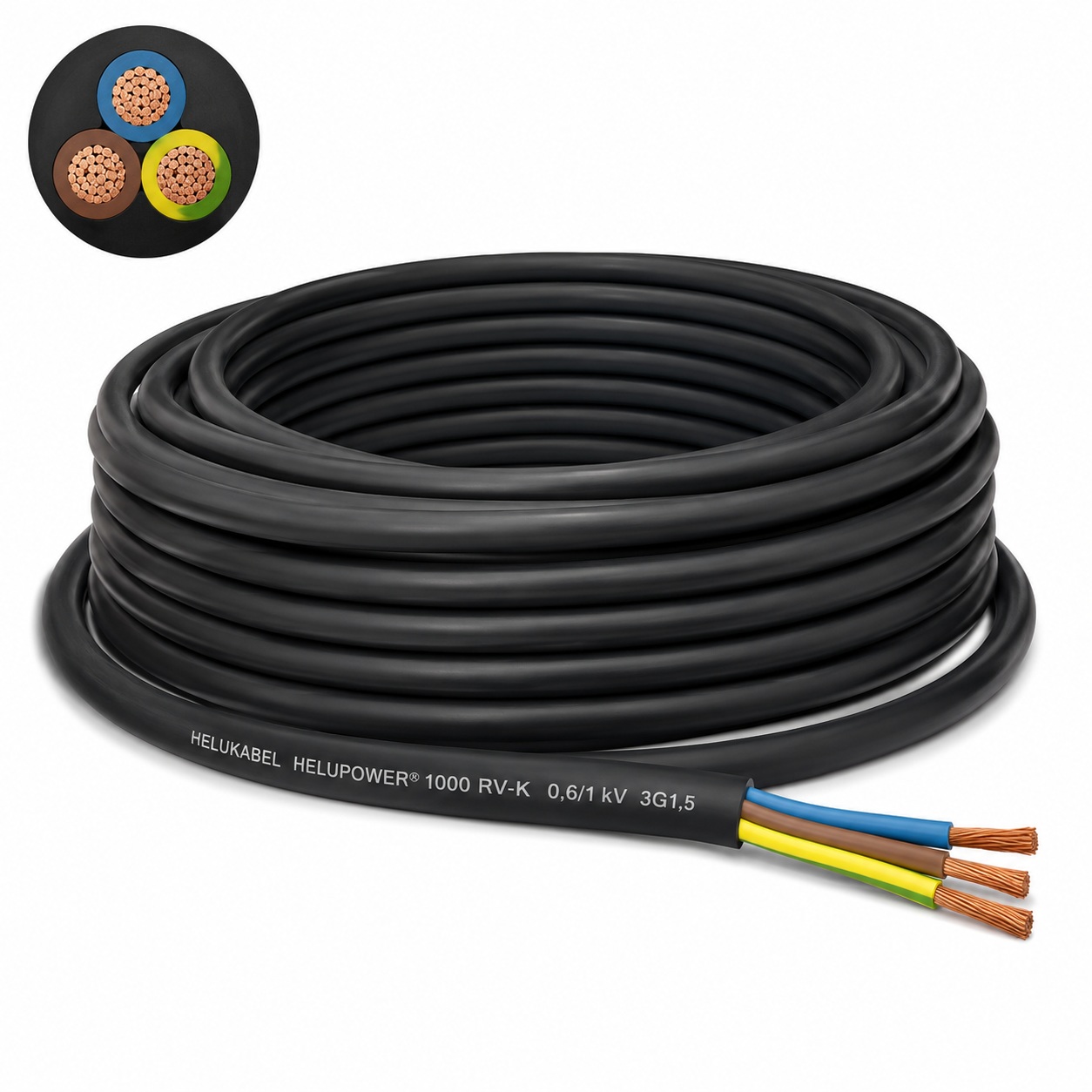 Kabel ziemny linka HELUPOWER 1000 RV-K 3G1,5 mm² 0,6/1 kV HELUKABEL czarny elastyczny kabel zasilający do ziemi i instalacji zewnętrznych